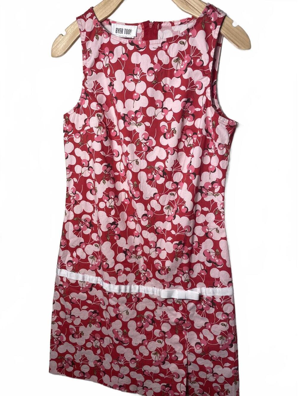 Vintage Byer Too Cherries Mini Dress Womens Size 9 Pink USA Made Retro Coquette